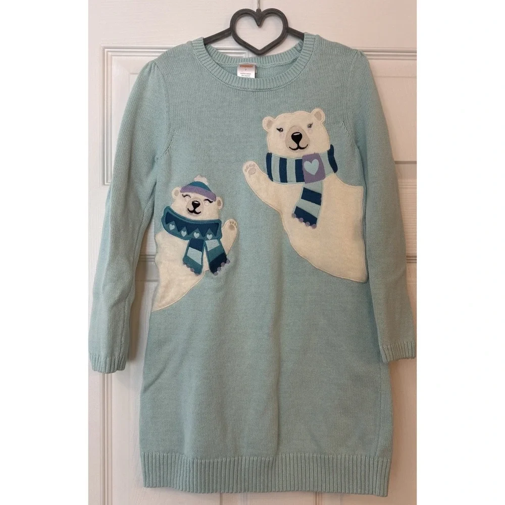 Gymboree Sweater Dress Girls 7 Aqua Blue Polar Bears Fuzzy Embroidered‎ Cotton